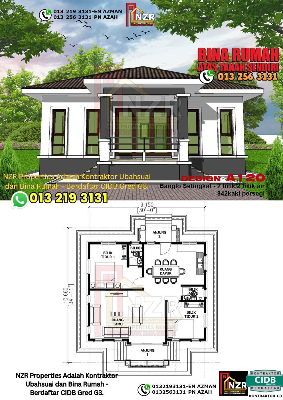 Reka bentuk A120 rumah setingkat 842 kps dengan 2 bilik tidur dan 2 bilik air.