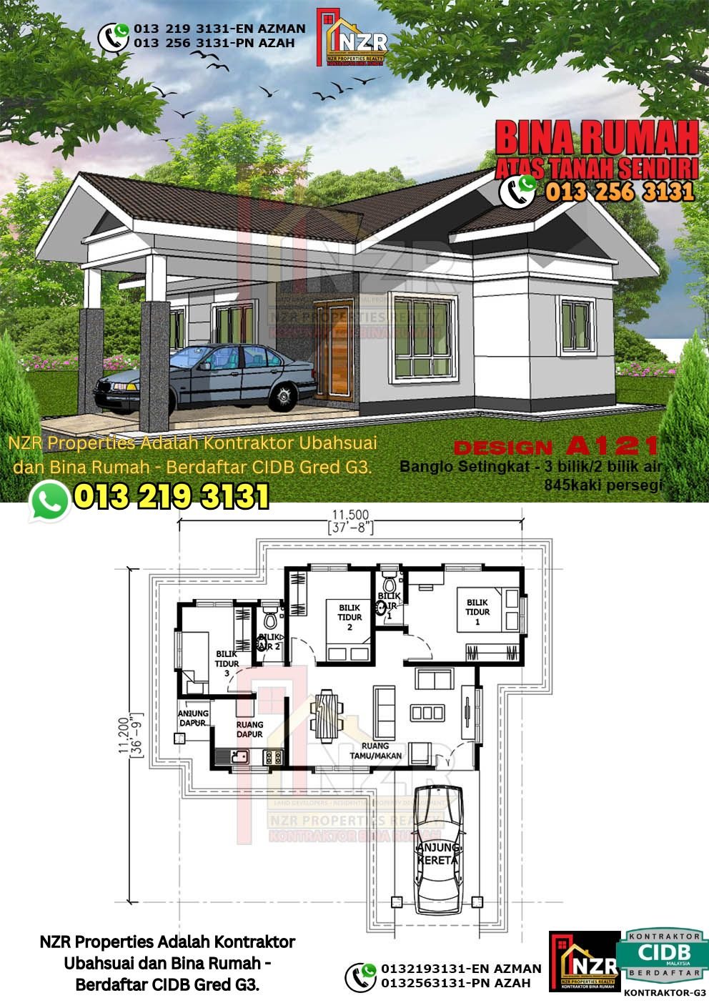 Reka bentuk A121 rumah setingkat 845 kps dengan 3 bilik tidur dan 2 bilik air.