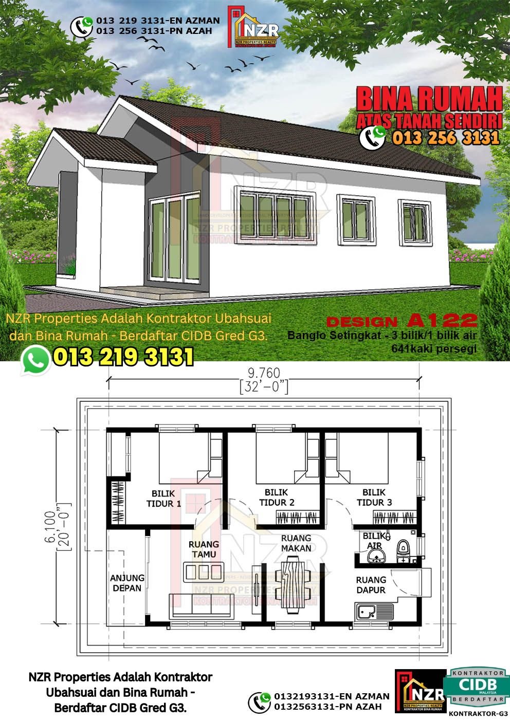 Reka bentuk A122 rumah setingkat 641 kps dengan 3 bilik tidur dan 1 bilik air.