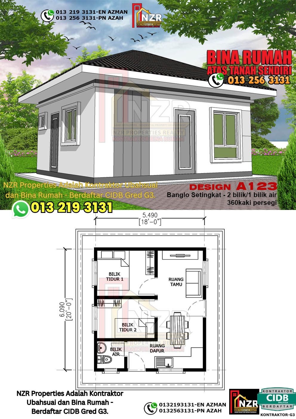 Reka bentuk A123 rumah setingkat 360 kps dengan 2 bilik tidur dan 1 bilik air.