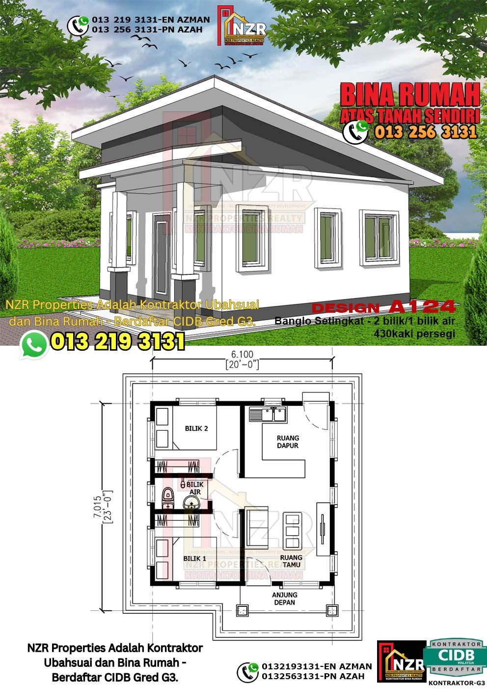 Reka bentuk A124 rumah setingkat 430 kps dengan 2 bilik tidur dan 1 bilik air.