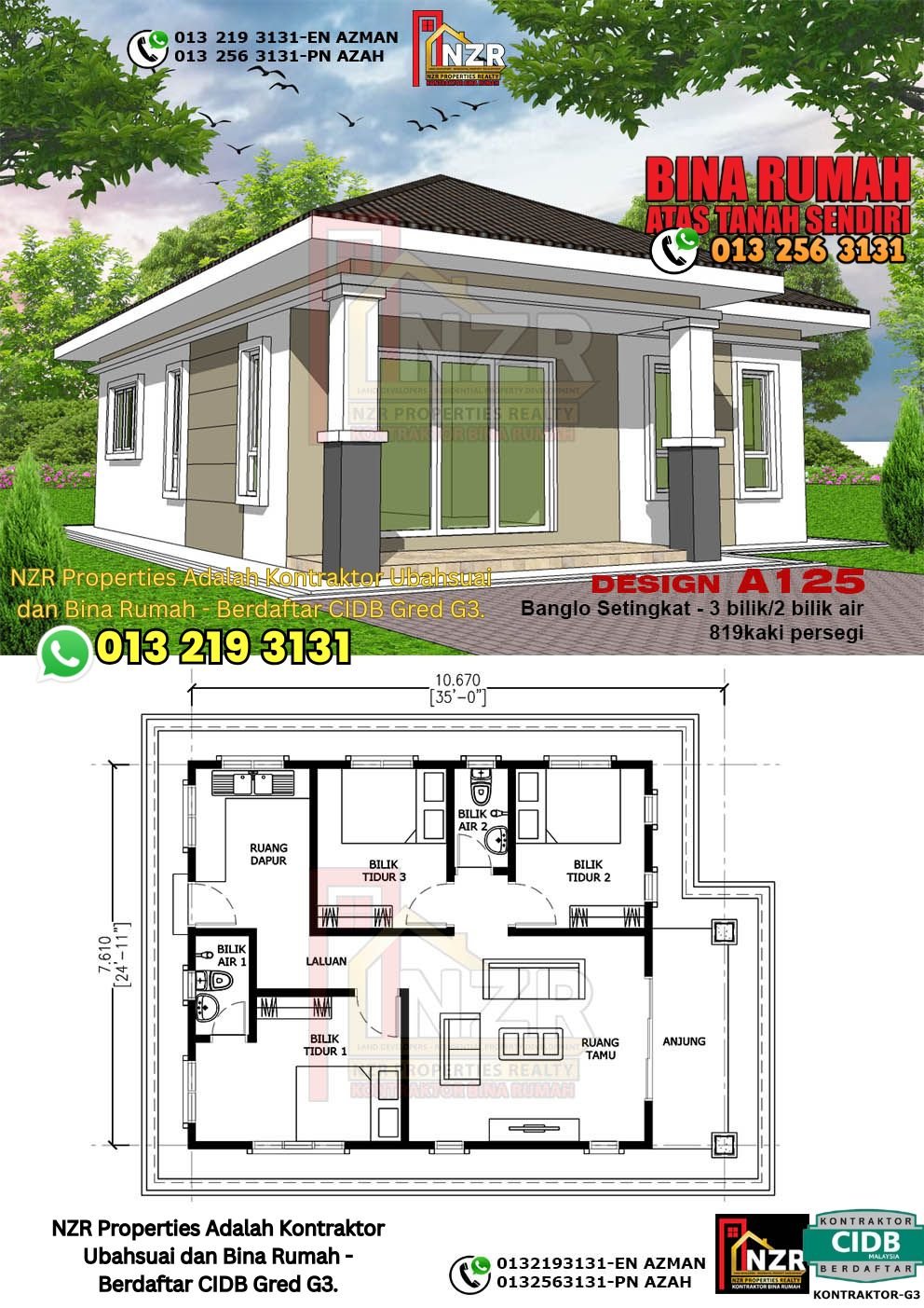 Reka bentuk A125 rumah setingkat 819 kps dengan 3 bilik tidur dan 2 bilik air.