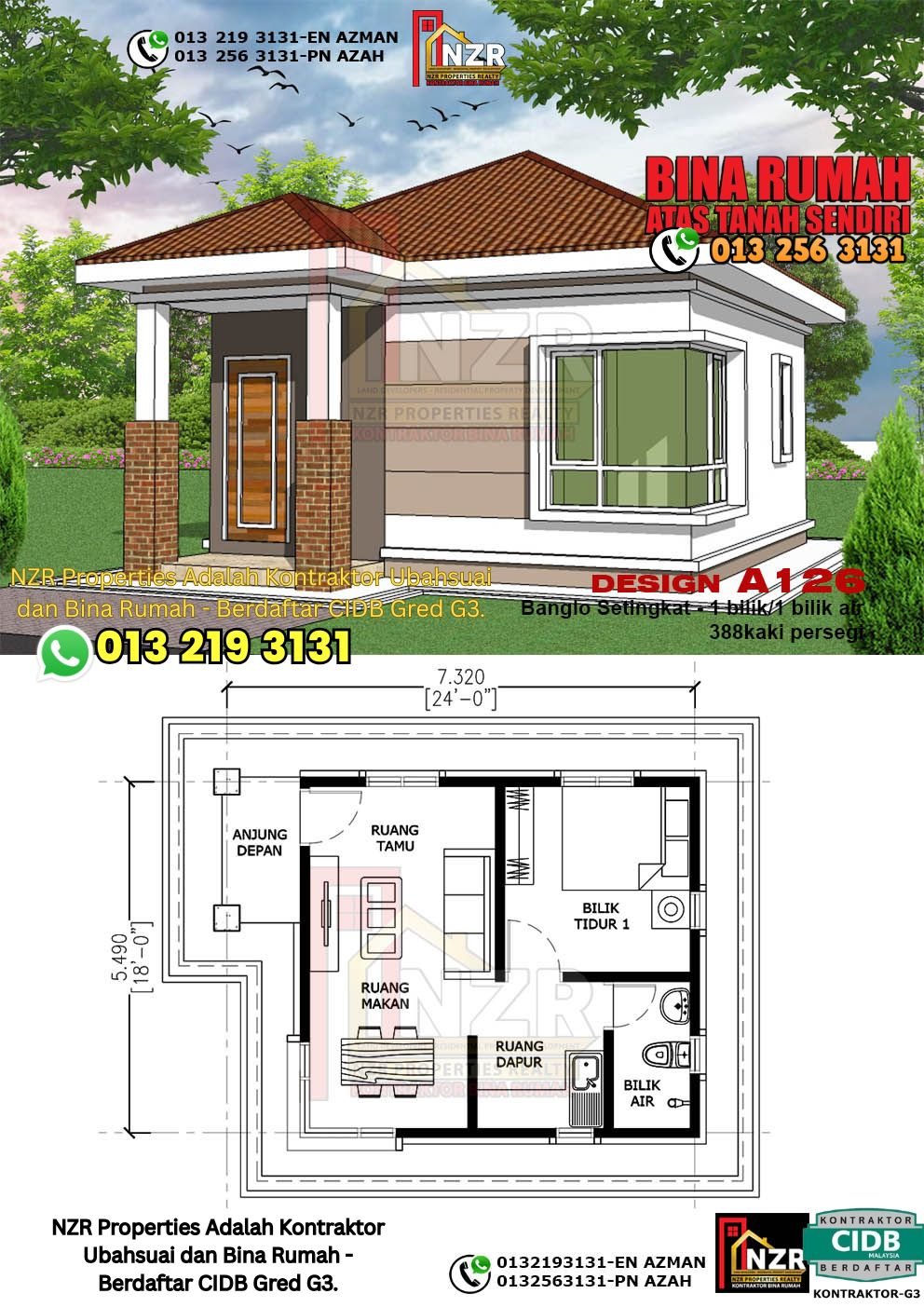 Reka bentuk A126 rumah setingkat 388 kps dengan 1 bilik tidur dan 1 bilik air.