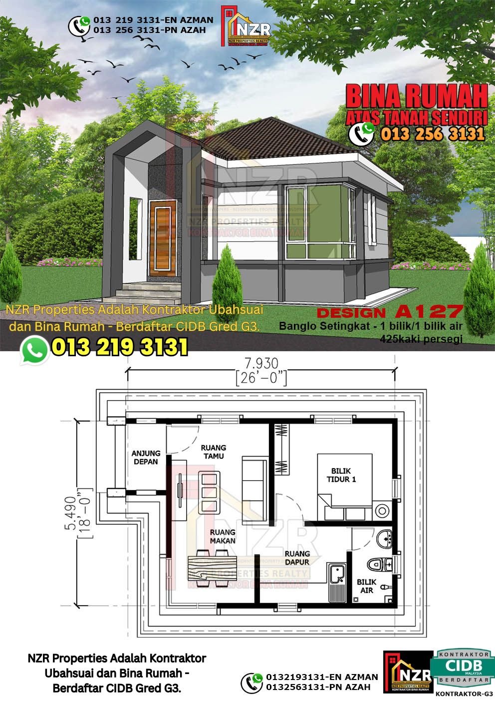 Reka bentuk A127 rumah setingkat 425 kps dengan 1 bilik tidur dan 1 bilik air.