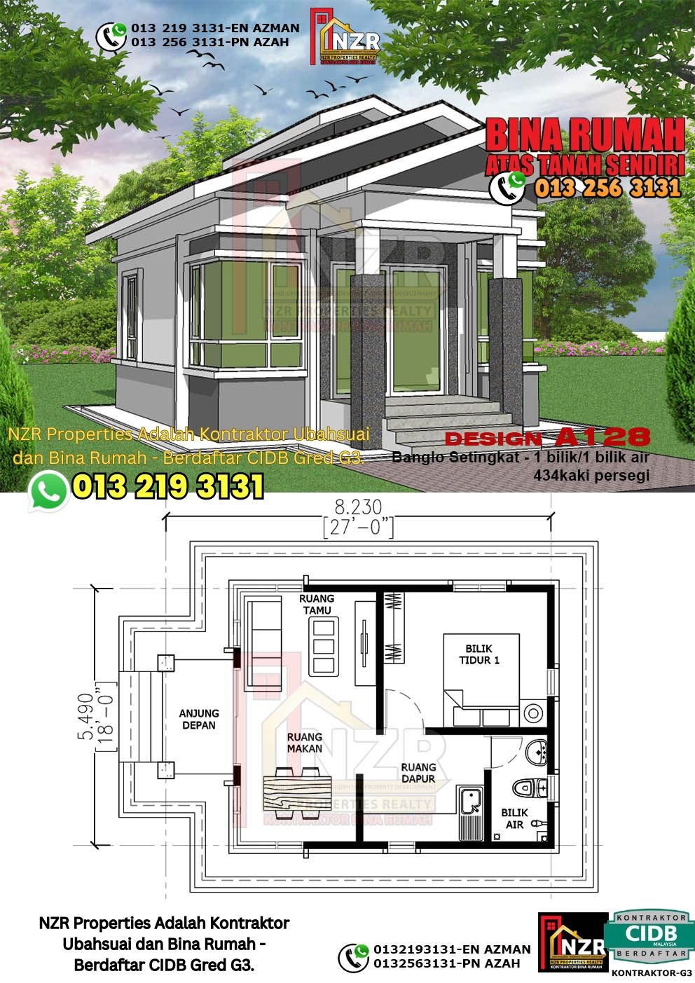 Reka bentuk A128 rumah setingkat 434 kps dengan 1 bilik tidur dan 1 bilik air.