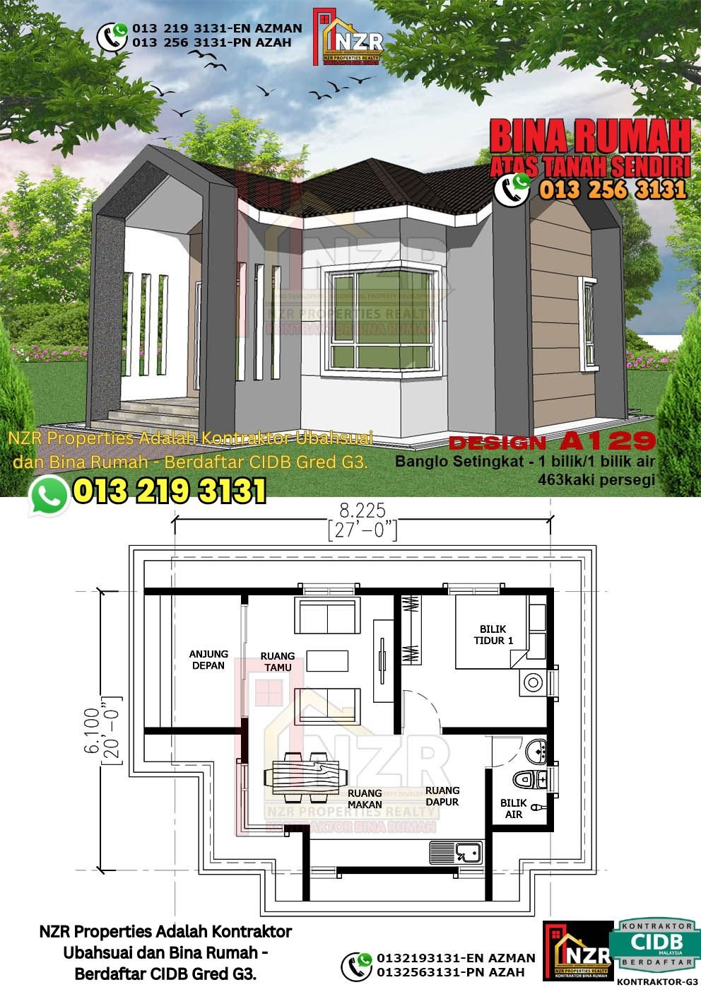 Reka bentuk A129 rumah setingkat 463 kps dengan 1 bilik tidur dan 1 bilik air.