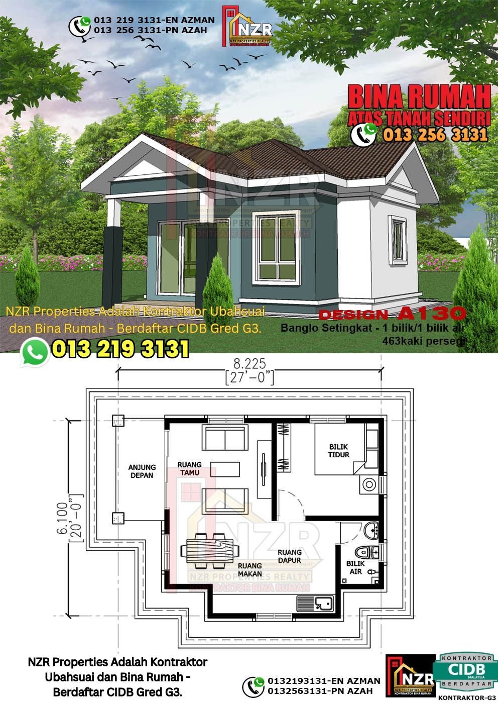Reka bentuk A130 rumah setingkat 463 kps dengan 1 bilik tidur dan 1 bilik air.