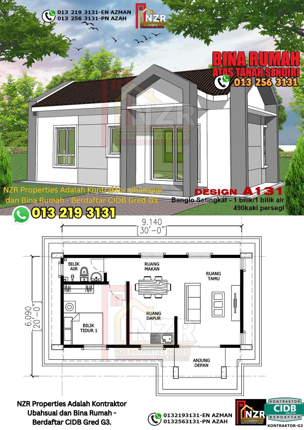 Reka bentuk A131 rumah setingkat 490 kps dengan 1 bilik tidur dan 1 bilik air.