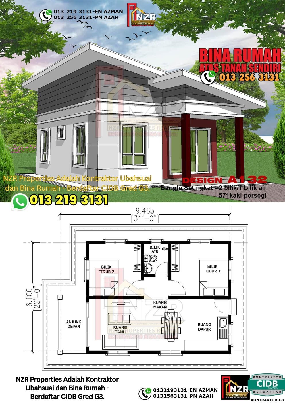 Reka bentuk A132 rumah setingkat 571 kps dengan 2 bilik tidur dan 1 bilik air.