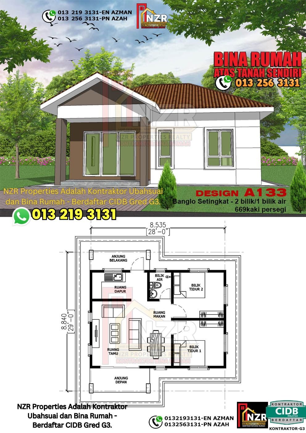 Reka bentuk A133 rumah setingkat 669 kps dengan 2 bilik tidur dan 1 bilik air