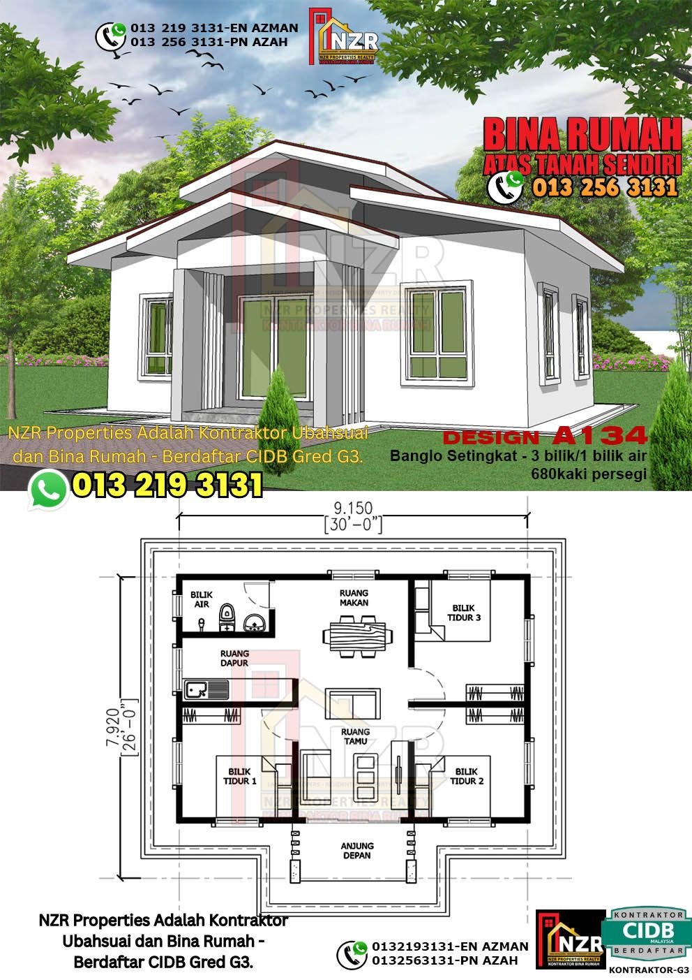 Reka bentuk A134 rumah setingkat 680 kps dengan 3 bilik tidur dan 1 bilik air.