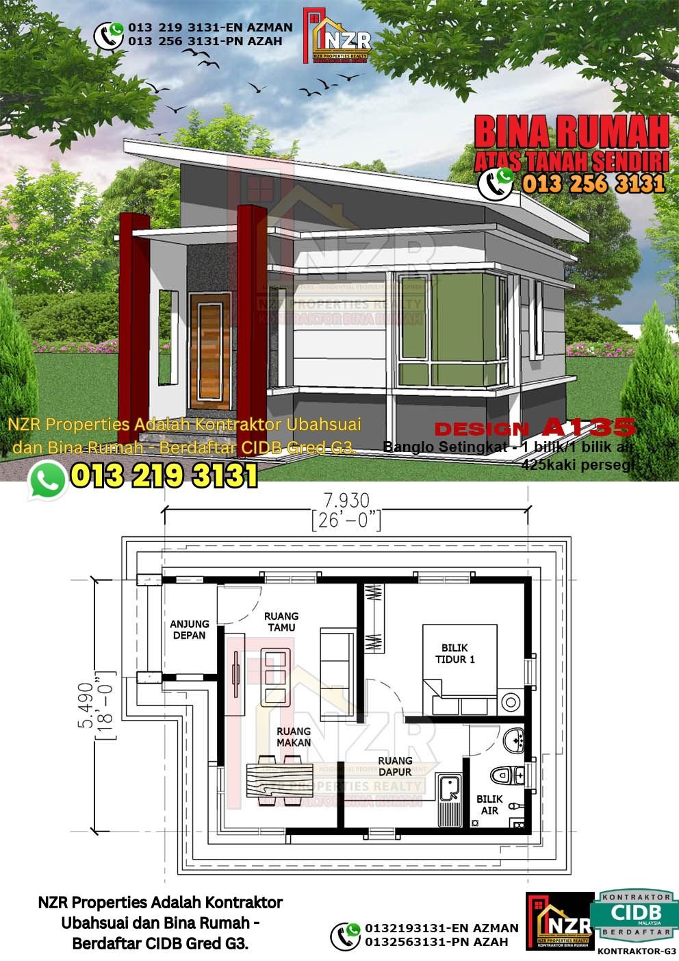 Reka bentuk A135 rumah setingkat 425 kps dengan 1 bilik tidur dan 1 bilik air.