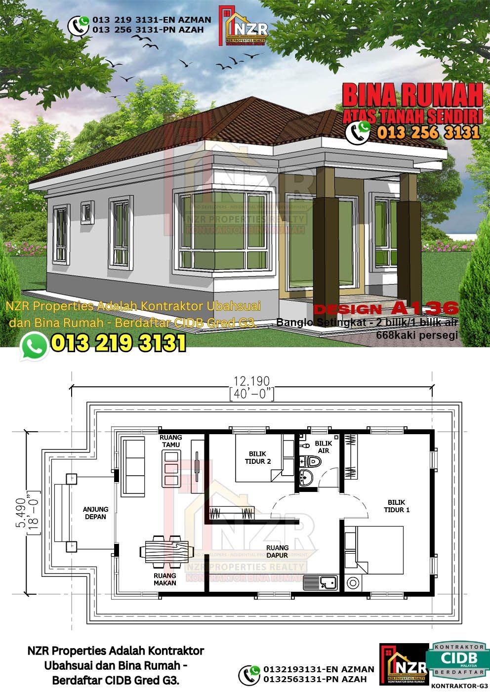 Reka bentuk A136 rumah setingkat 668 kps dengan 2 bilik tidur dan 1 bilik air.