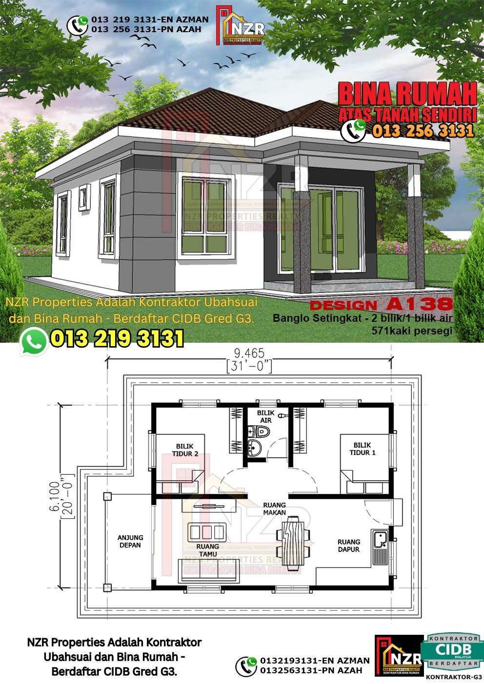 Reka bentuk A138 rumah setingkat 571 kps dengan 2 bilik tidur dan 1 bilik air.