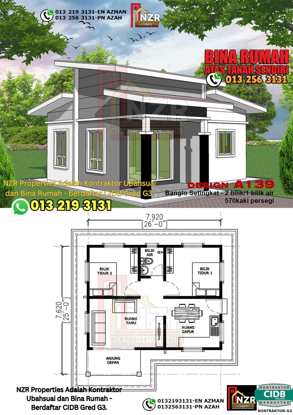 Reka bentuk A139 rumah setingkat 570 kps dengan 2 bilik tidur dan 1 bilik air.