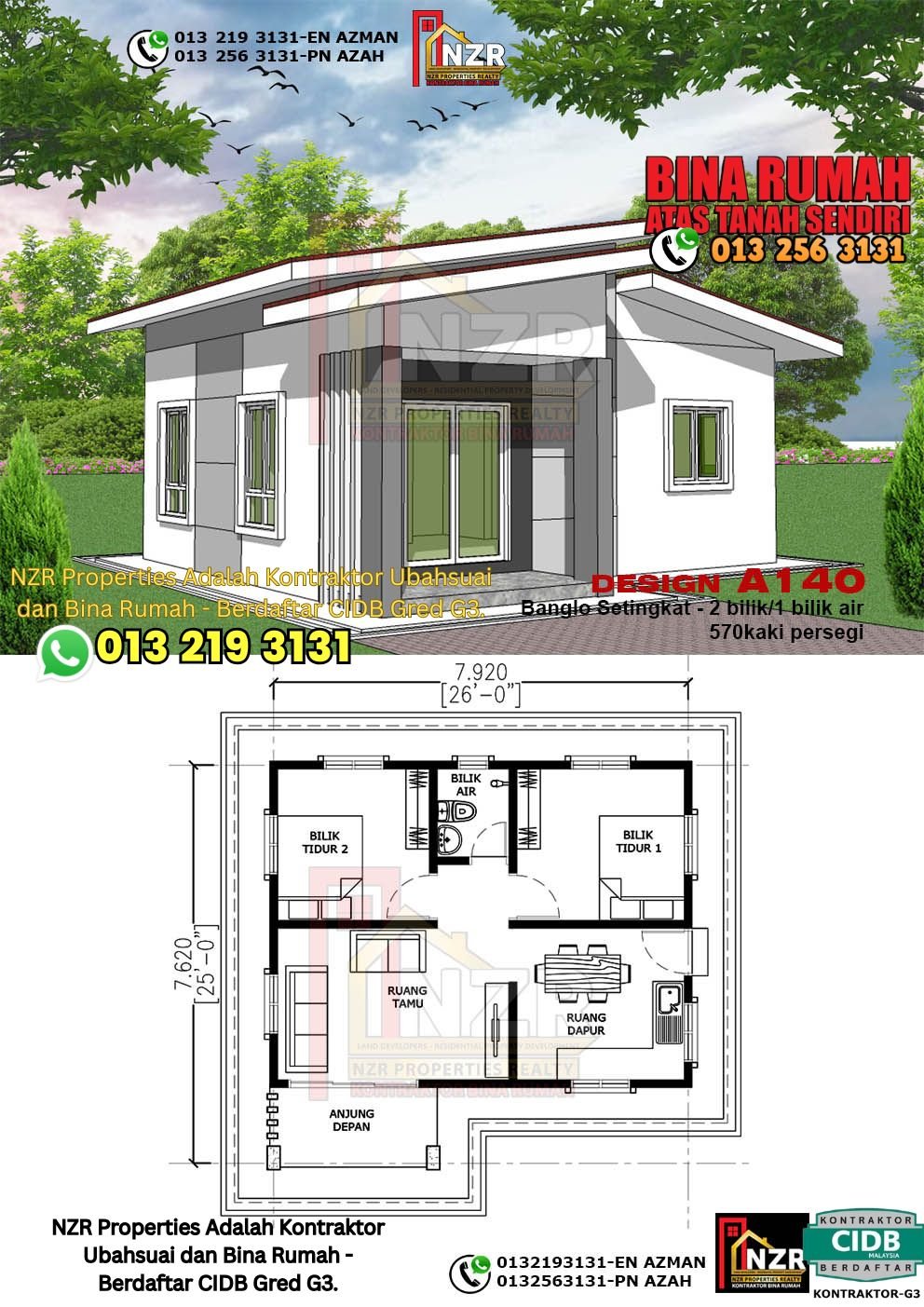 Reka bentuk A140 rumah setingkat 570 kps dengan 2 bilik tidur dan 1 bilik air.