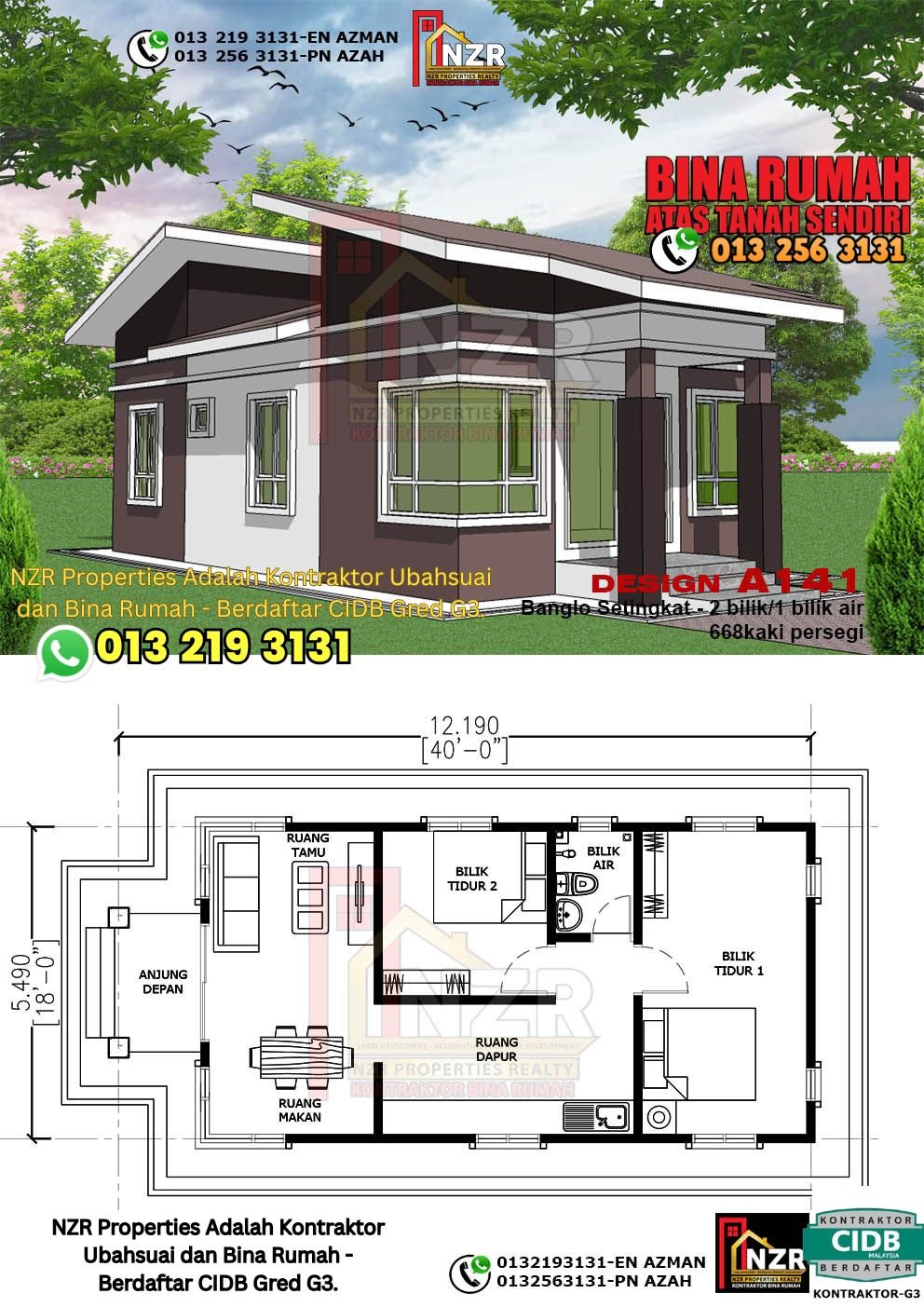 Reka bentuk A141 rumah setingkat 668 kps dengan 2 bilik tidur dan 1 bilik air.