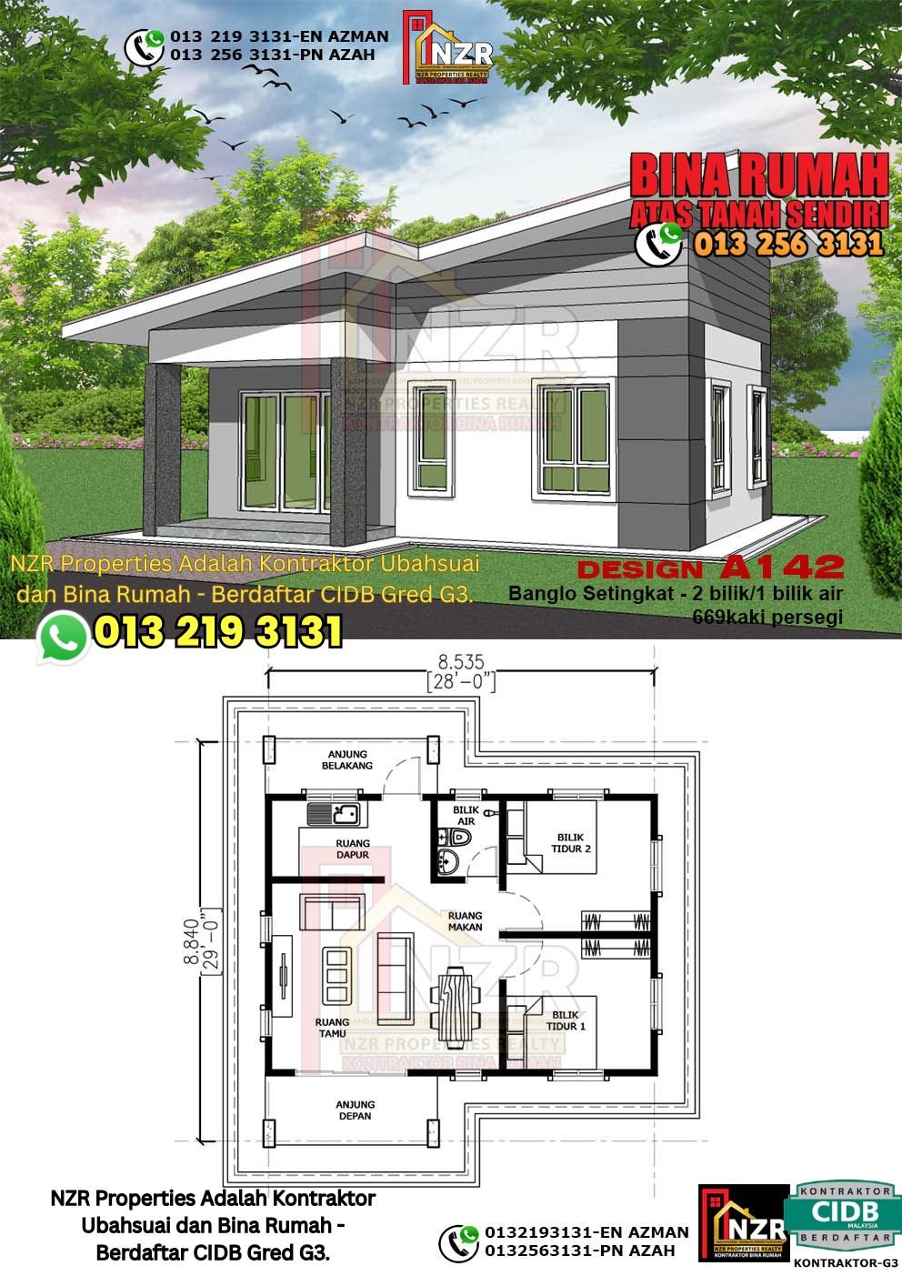 Reka bentuk A142 rumah setingkat 669 kps dengan 2 bilik tidur dan 1 bilik air.
