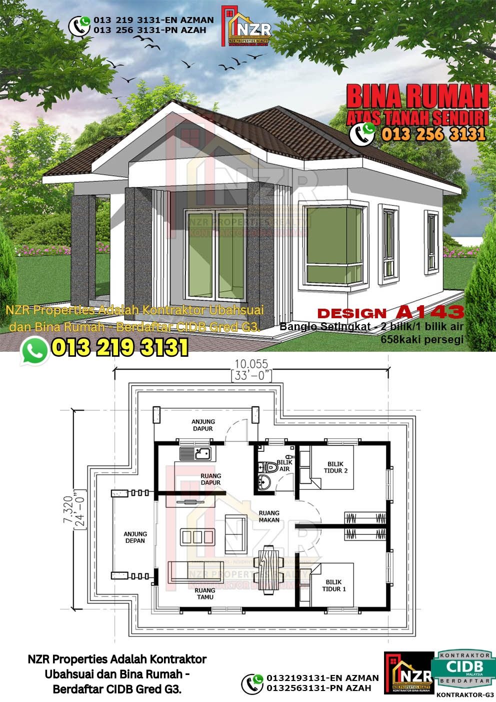 Reka bentuk A143 rumah setingkat 658 kps dengan 2 bilik tidur dan 1 bilik air.