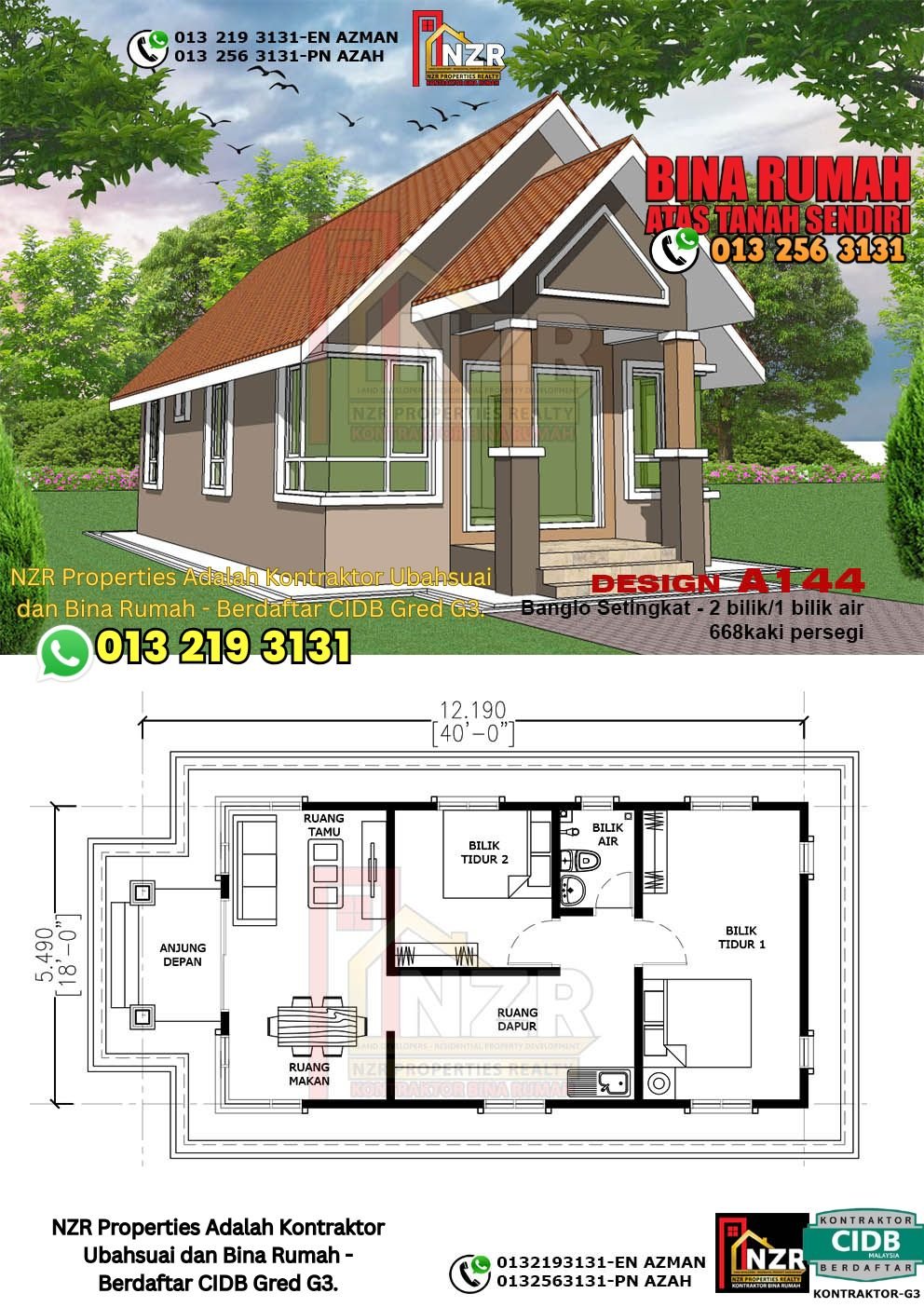 Reka bentuk A144 rumah setingkat 668 kps dengan 2 bilik tidur dan 1 bilik air.