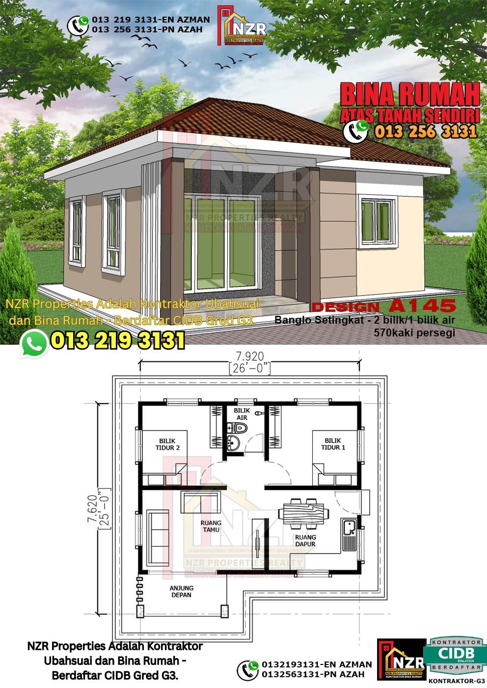 Reka bentuk A145 rumah setingkat 570 kps dengan 2 bilik tidur dan 1 bilik air.