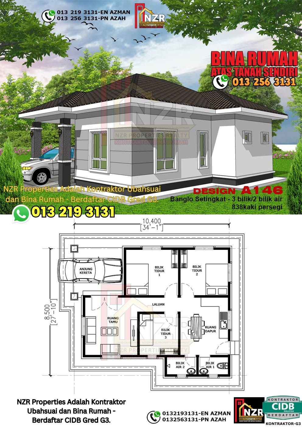 Reka bentuk A146 rumah setingkat 838 kps dengan 3 bilik tidur dan 2 bilik air.