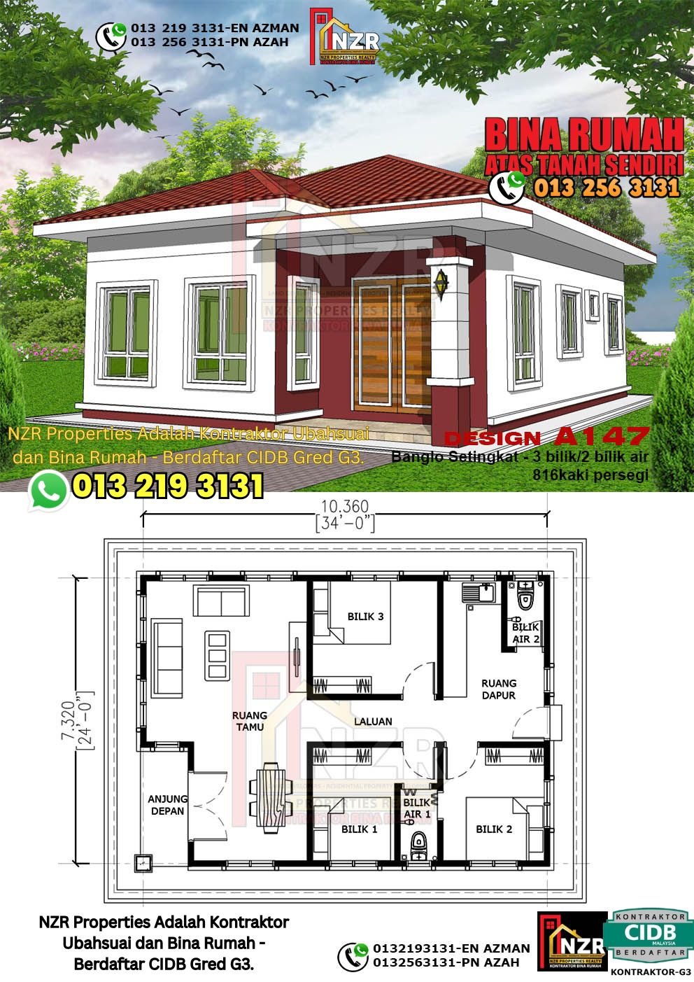 Reka bentuk A147 rumah setingkat 816 kps dengan 3 bilik tidur dan 2 bilik air.