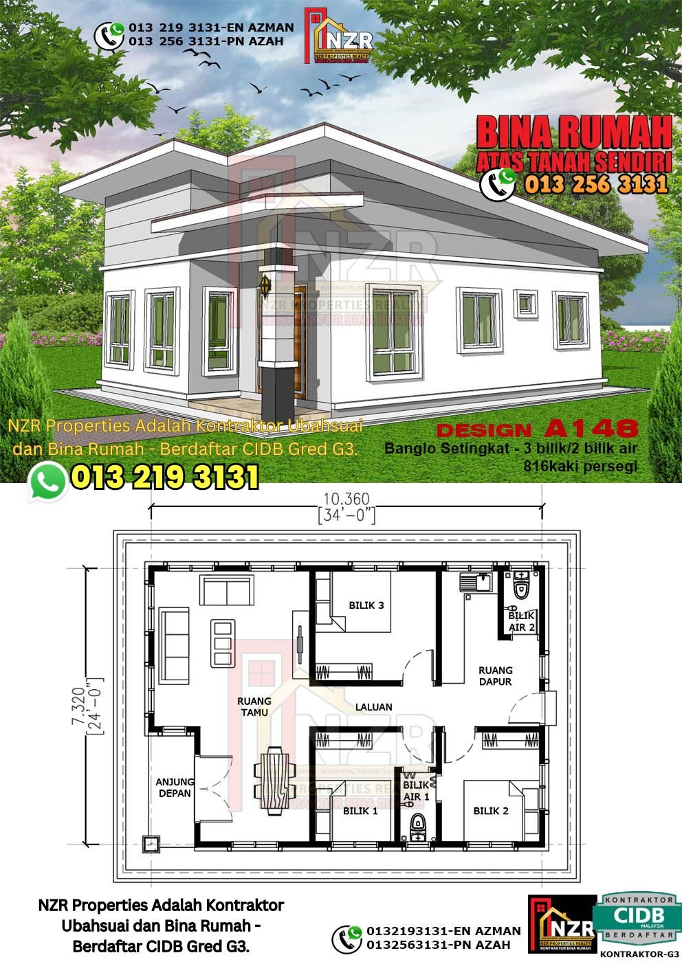 Reka bentuk A148 rumah setingkat 816 kps dengan 3 bilik tidur dan 2 bilik air.
