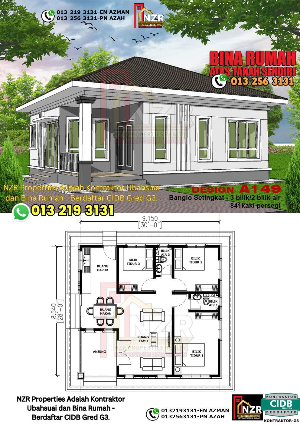 Reka bentuk A149 rumah setingkat 841 kps dengan 3 bilik tidur dan 2 bilik air.