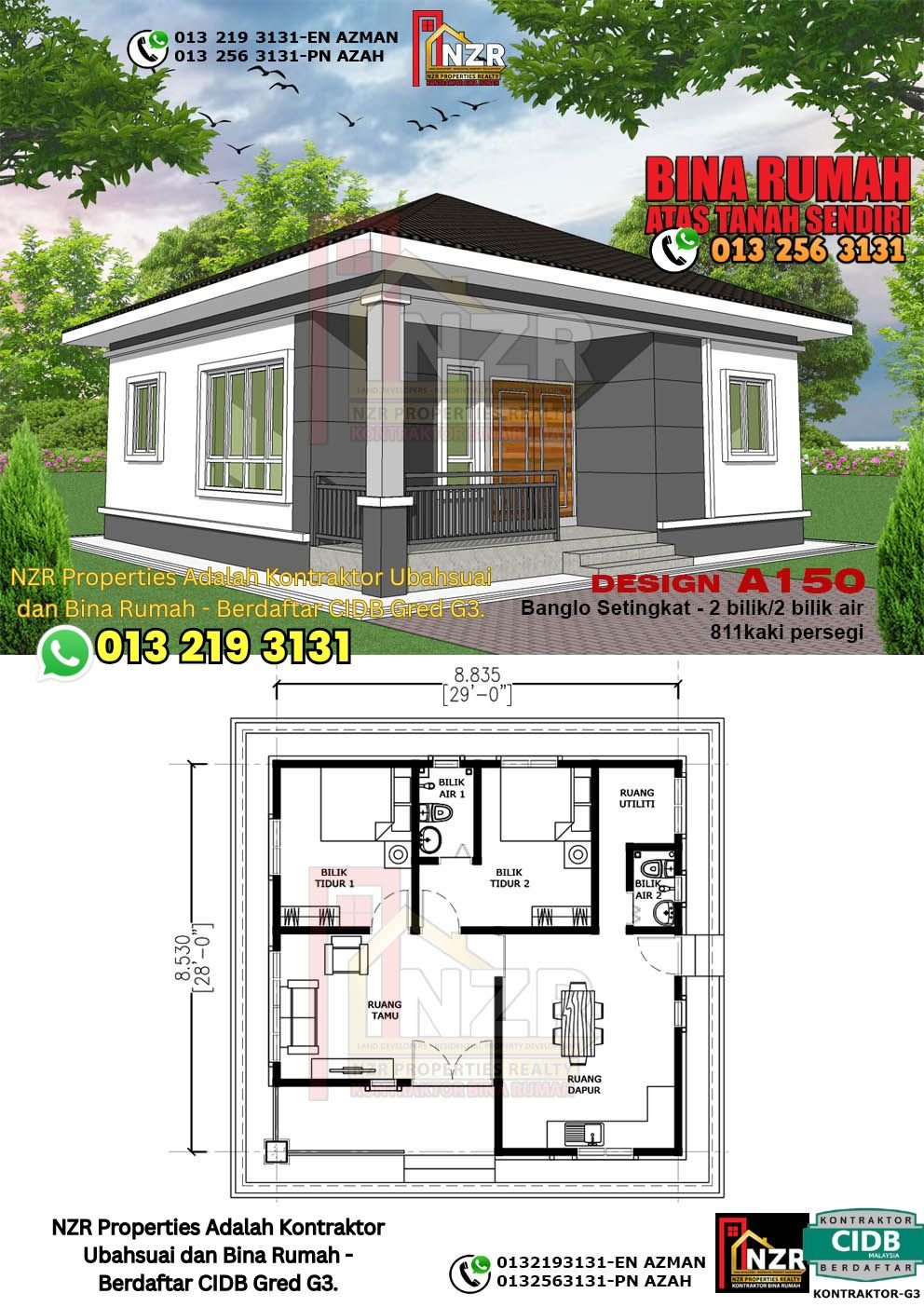 Reka bentuk A150 rumah setingkat 811 kps dengan 2 bilik tidur dan 2 bilik air.