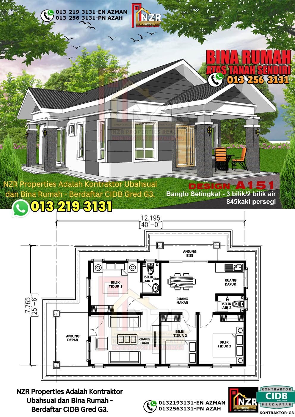 Reka bentuk A151 rumah setingkat 845 kps dengan 3 bilik tidur dan 2 bilik air.
