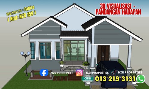 Visualisasi 3D pandangan hadapan Design Fahira NZR159 sebelum pembinaan.