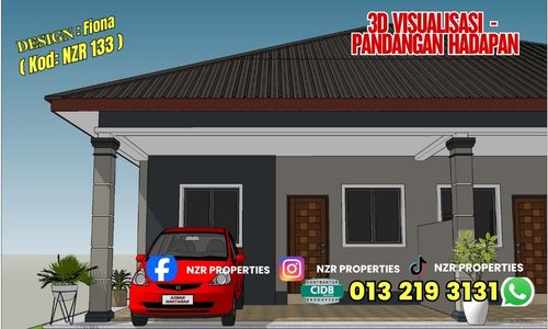 Visualisasi 3D pandangan hadapan Design Fiona NZR133 sebelum pembinaan.