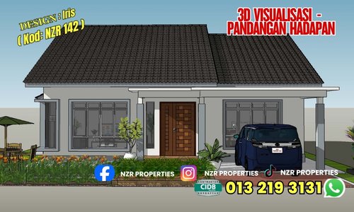 Visualisasi 3D pandangan hadapan rumah Design Iris NZR142.