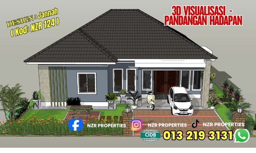 Visualisasi 3D pandangan hadapan Design Jannah NZR124 sebelum pembinaan.