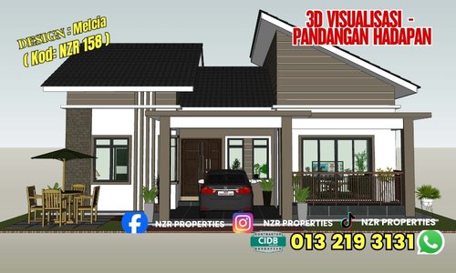 Visualisasi 3D pandangan hadapan Design Melcia NZR158 sebelum pembinaan.
