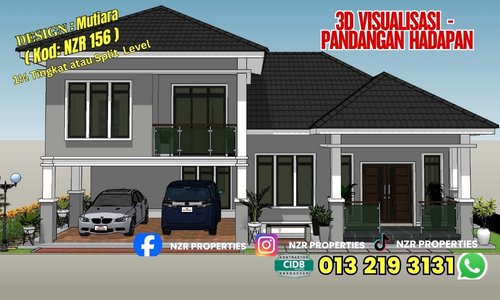 3D visualisasi pandangan hadapan Design Mutiara NZR156 sebelum pembinaan rumah.