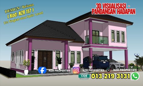 Visualisasi 3D pandangan hadapan Design Briona sebelum pembinaan rumah pelanggan.