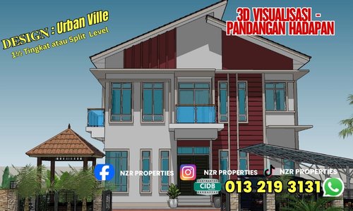 3D visualisasi pandangan hadapan Design Urban Ville NZR313 sebelum pembinaan.