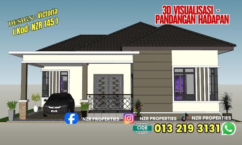 Visualisasi 3D pandangan hadapan Design Victoria NZR145 sebelum pembinaan.