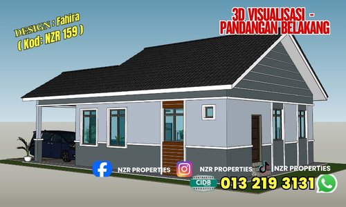 Visualisasi 3D pandangan belakang rumah Design Fahira NZR159.