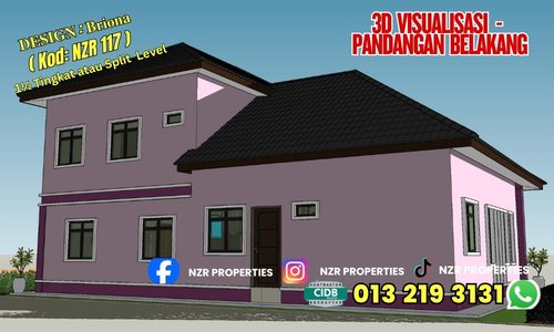 Pandangan sisi kanan reka bentuk 3D rumah 1ยฝ tingkat Design Briona NZR117.