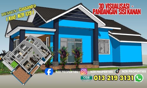 Visualisasi 3D pandangan sisi kanan bersama pelan susun atur rumah Cassandra NZR139.