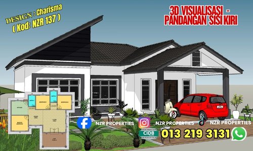 Visualisasi 3D pandangan sisi kiri bersama pelan susun atur rumah Charisma NZR137.