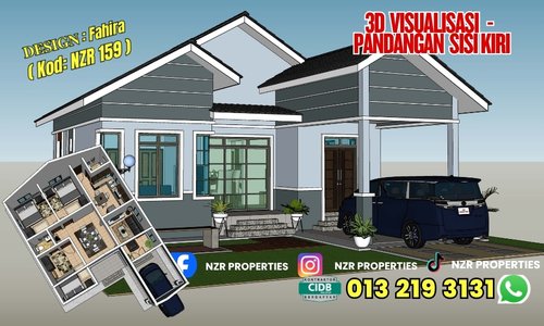 Visualisasi 3D pandangan sisi kiri bersama pelan rumah Design Fahira NZR159.