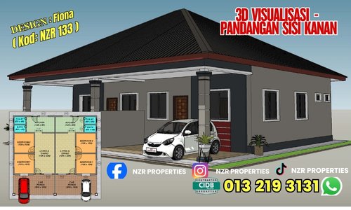 Visualisasi 3D pandangan sisi kanan bersama pelan rumah Design Fiona NZR133.
