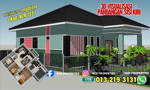 Visualisasi 3D pandangan sisi kiri bersama pelan rumah Design Impatiens NZR127.