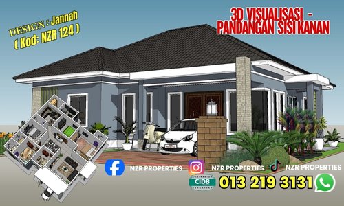 Visualisasi 3D pandangan sisi kanan bersama pelan rumah Design Jannah NZR124.