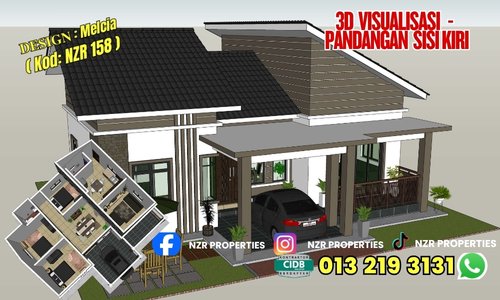 Visualisasi 3D pandangan sisi kiri bersama pelan rumah Design Melcia NZR158.