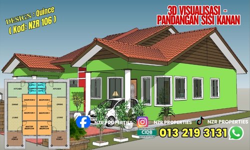 Visualisasi 3D pandangan sisi kanan rumah Design Quince NZR106.